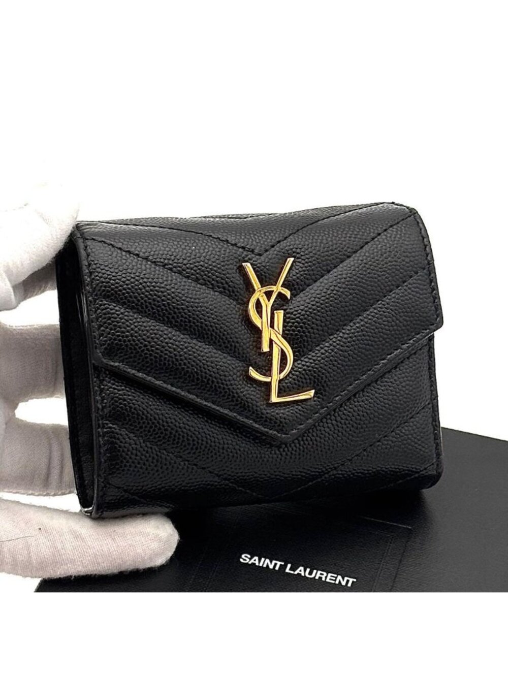 Saint Laurent Wallet Stitch Caviar Leather YSL Black - Picture 11 of 11